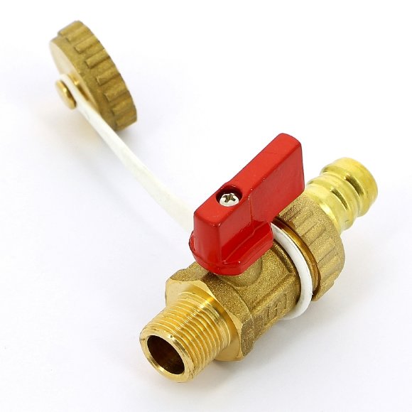 Кран шаровой сливной UNI-FITT НН 3/8" x 3/4" со штуцером и заглушкой, флажок красный металл