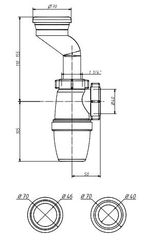 ОРИО сифон  1 1/4 х 40 для писсуара с манжетами D-40мм/D-46 мм