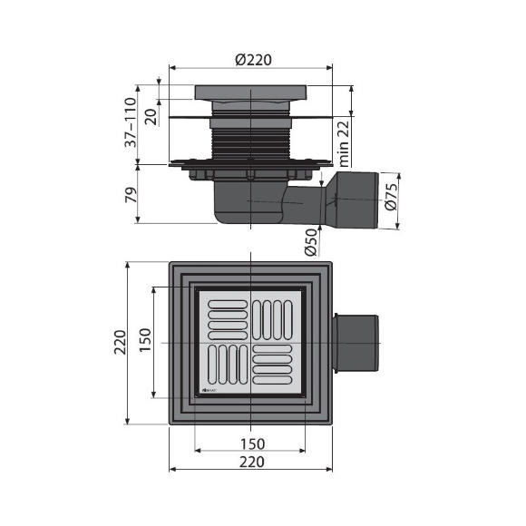 Трап APV 3444 150х150/50/75  боковой  Alca Plast