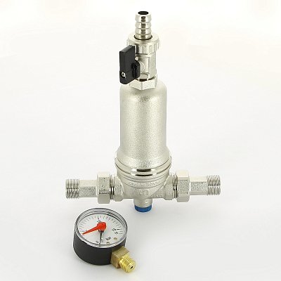 Фильтр промывной Uni-Fitt ВН 1/2" х 3/4" с редукц. соед., со сливным шаровым краном и манометром, ни Фильтр промывной Uni-Fitt ВН 1/2" х 3/4" с редукц. соед., со сливным шаровым краном и манометром, ни