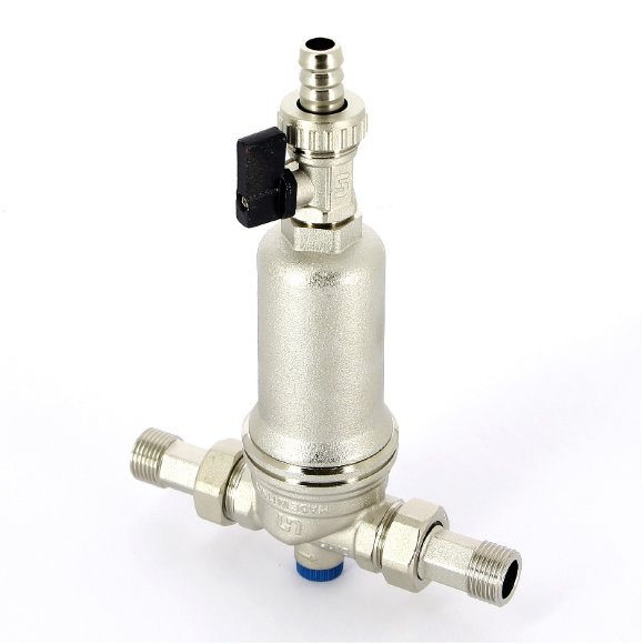 Фильтр промывной Uni-Fitt ВН 1/2" х 3/4" с редукц. соед. и сливным шаровым краном, никелированный Фильтр промывной Uni-Fitt ВН 1/2" х 3/4" с редукц. соед. и сливным шаровым краном, никелированный